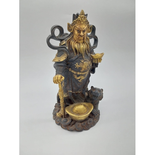 70 - Gilded bronze Chinese Emperor figure with Tiger. {33 cm H x 20 cm W x 17 cm D}.