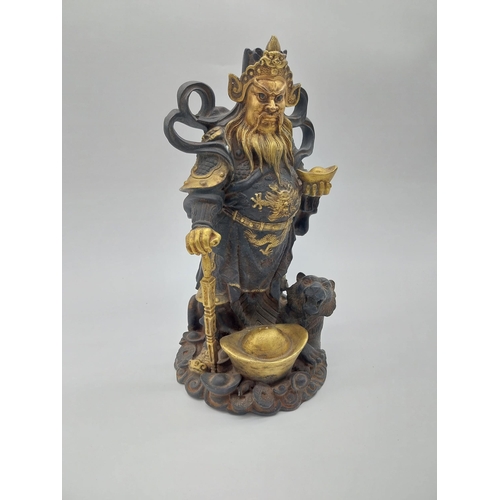 70 - Gilded bronze Chinese Emperor figure with Tiger. {33 cm H x 20 cm W x 17 cm D}.