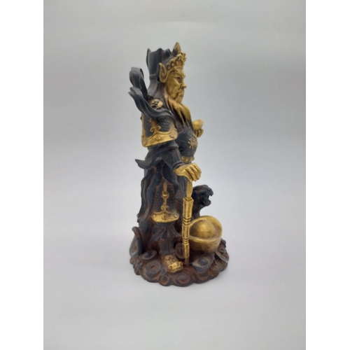 70 - Gilded bronze Chinese Emperor figure with Tiger. {33 cm H x 20 cm W x 17 cm D}.