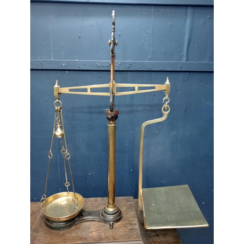 71 - 19th C. cast brass weighing scales {H 200cm x W 80cm x D 35cm }. { not on site for viewing }.