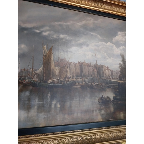 72 - Framed oil on canvas - Dutch boating Scene. Wm Howard{106 cm H x157 cm W}.