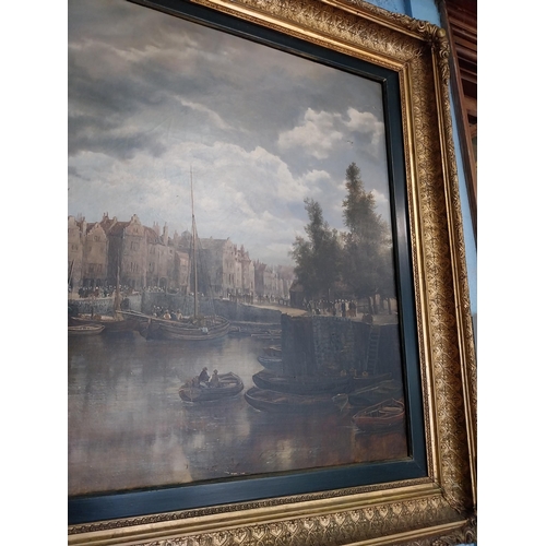 72 - Framed oil on canvas - Dutch boating Scene. Wm Howard{106 cm H x157 cm W}.