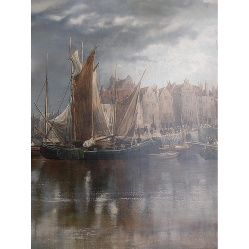 72 - Framed oil on canvas - Dutch boating Scene. Wm Howard{106 cm H x157 cm W}.