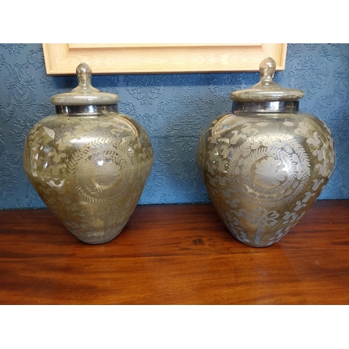 77 - Pair of Edwardian mercury glass lidded vases {46 cm H x 35 cm Dia.}.