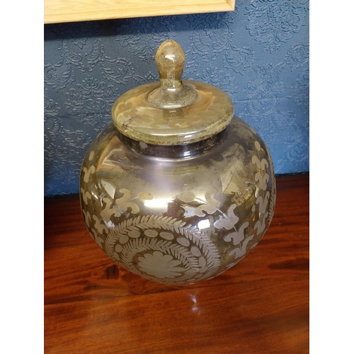 77 - Pair of Edwardian mercury glass lidded vases {46 cm H x 35 cm Dia.}.