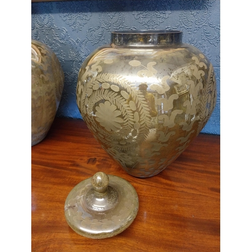 77 - Pair of Edwardian mercury glass lidded vases {46 cm H x 35 cm Dia.}.