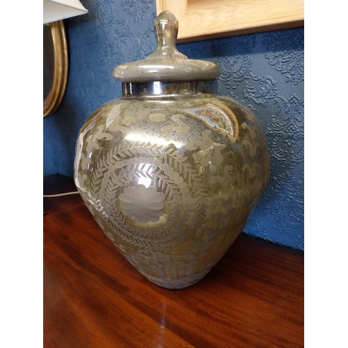 77 - Pair of Edwardian mercury glass lidded vases {46 cm H x 35 cm Dia.}.