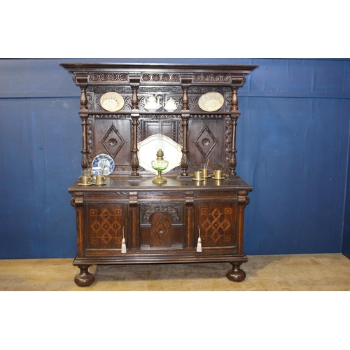 79 - 19th C. carved oak dresser with two inlaid doors {H 180cm x W 143cm x D 58cm }. { not on site for vi... 