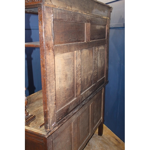 79 - 19th C. carved oak dresser with two inlaid doors {H 180cm x W 143cm x D 58cm }. { not on site for vi... 