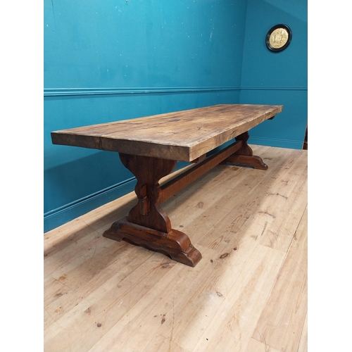 80 - Good quality early 20th C. oak refectory table on single carved stretcher. {79 cm H x 282 cm W x 87 ... 