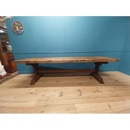 80 - Good quality early 20th C. oak refectory table on single carved stretcher. {79 cm H x 282 cm W x 87 ... 