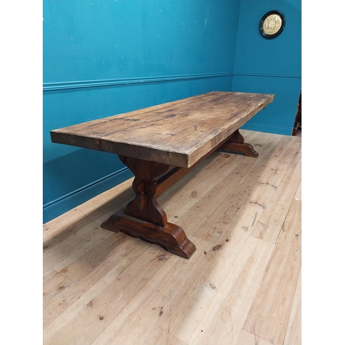 80 - Good quality early 20th C. oak refectory table on single carved stretcher. {79 cm H x 282 cm W x 87 ... 