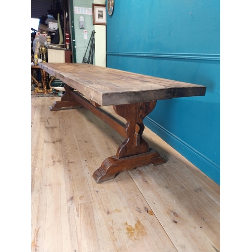 80 - Good quality early 20th C. oak refectory table on single carved stretcher. {79 cm H x 282 cm W x 87 ... 