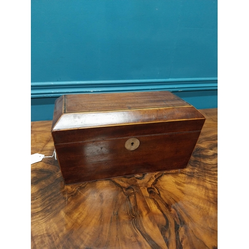 84 - 19th C. mahogany and satinwood tea caddy with lion's mask handles. {16 cm H x 31 cm W X 16 cm D}.