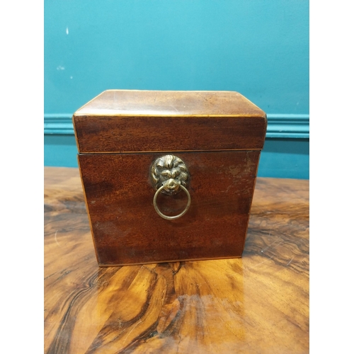 84 - 19th C. mahogany and satinwood tea caddy with lion's mask handles. {16 cm H x 31 cm W X 16 cm D}.