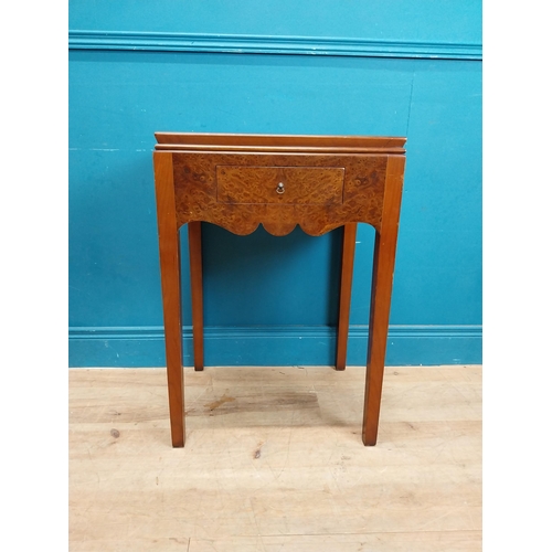 860 - Burr walnut lamp table with single drawer in frieze raised on tapered legs. {75 cm H x 51 cm W x 41 ... 