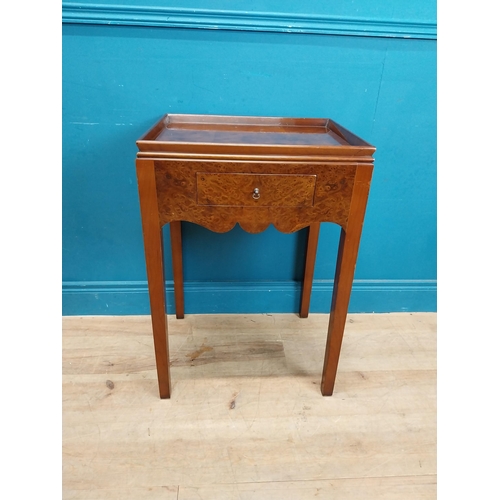 860 - Burr walnut lamp table with single drawer in frieze raised on tapered legs. {75 cm H x 51 cm W x 41 ... 