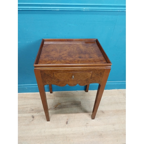 860 - Burr walnut lamp table with single drawer in frieze raised on tapered legs. {75 cm H x 51 cm W x 41 ... 