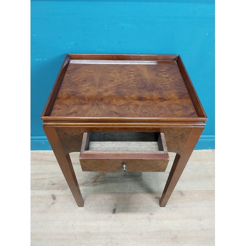 860 - Burr walnut lamp table with single drawer in frieze raised on tapered legs. {75 cm H x 51 cm W x 41 ... 