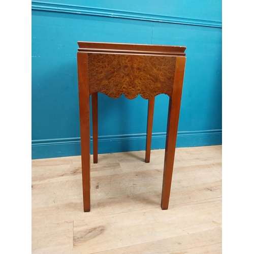 860 - Burr walnut lamp table with single drawer in frieze raised on tapered legs. {75 cm H x 51 cm W x 41 ... 