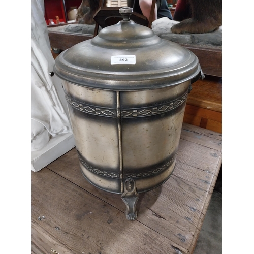 862 - 1970s brushed brass lidded coal bucket {40 cm H x 32 cm Dia.}.