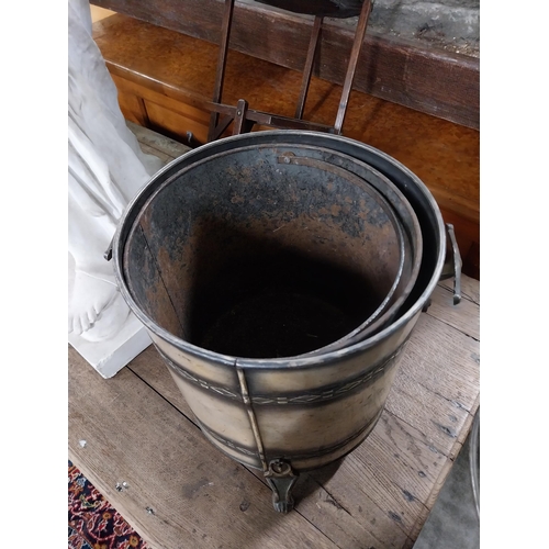 862 - 1970s brushed brass lidded coal bucket {40 cm H x 32 cm Dia.}.