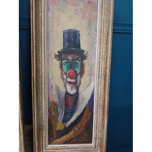 889 - Set of four early 20th C. Clown oil on canvases mounted in wooden frames {70 cm H x 29 cm W}.