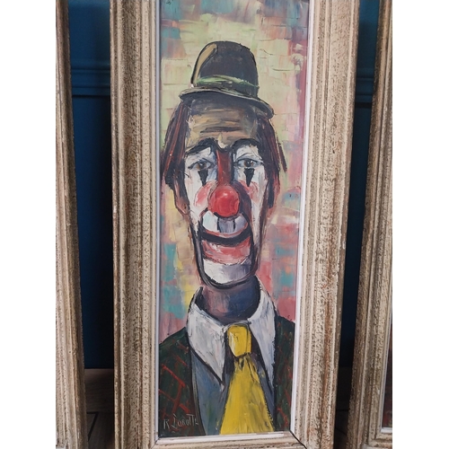 889 - Set of four early 20th C. Clown oil on canvases mounted in wooden frames {70 cm H x 29 cm W}.