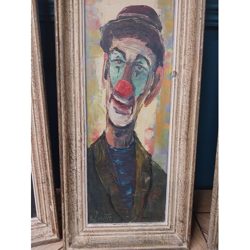 889 - Set of four early 20th C. Clown oil on canvases mounted in wooden frames {70 cm H x 29 cm W}.