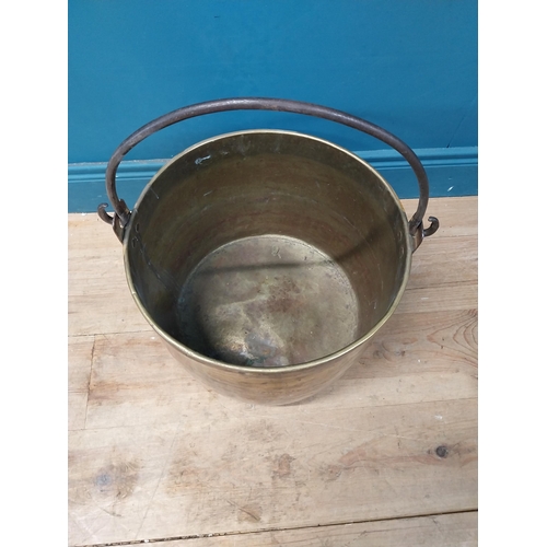 900 - Early 20th C. brass log bucket with wrought iron handle {52 cm H x 47 cm Dia.}.