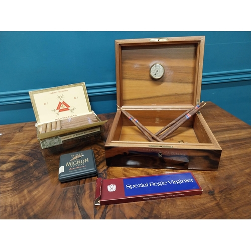 91 - Coromandel wood cigar Humidor with box of No 5 Montecristo Habana cigars. {11 cm H x 28 cm W x 24 cm... 