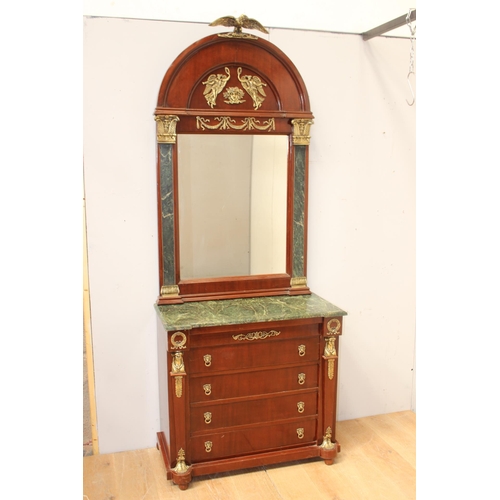 920 - Walnut chest of drawers surmounted by mirrored back surmounted with brass cherubs, swags, and eagle ... 