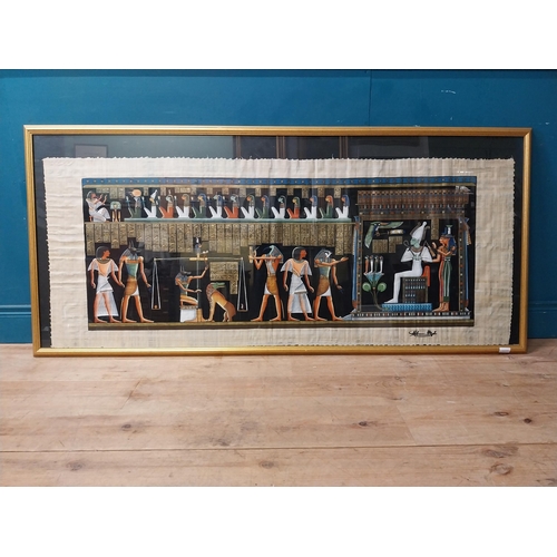 924 - Egyptian Papyrus paper art mounted in gilt frame {80 cm H x 175 cm W}.