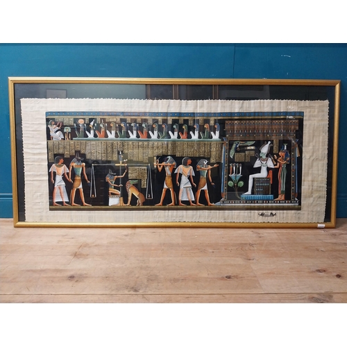 924 - Egyptian Papyrus paper art mounted in gilt frame {80 cm H x 175 cm W}.