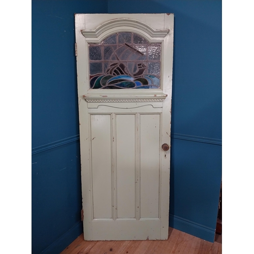 936 - Art Nouveau painted wooden front door with stained glass panel {204 cm H x 81 cm W}.