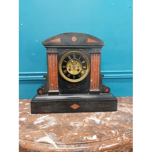 940 - 19th C. slate mantle clock. {38 cm H x 41 cm W x 15 cm D}.