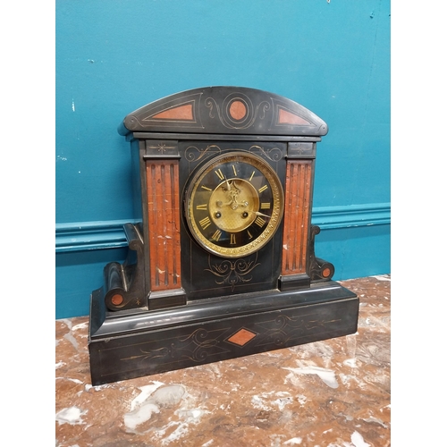 940 - 19th C. slate mantle clock. {38 cm H x 41 cm W x 15 cm D}.