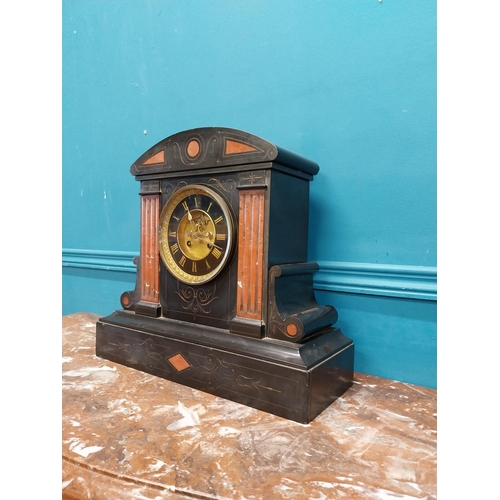 940 - 19th C. slate mantle clock. {38 cm H x 41 cm W x 15 cm D}.