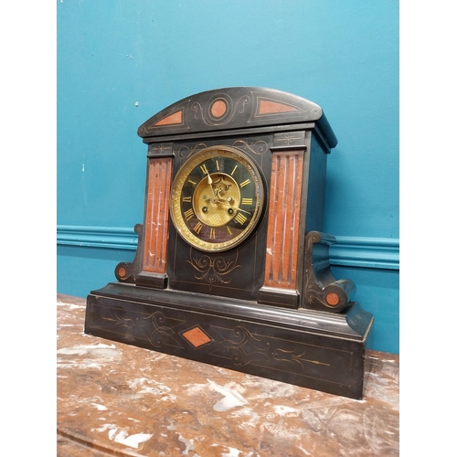 940 - 19th C. slate mantle clock. {38 cm H x 41 cm W x 15 cm D}.