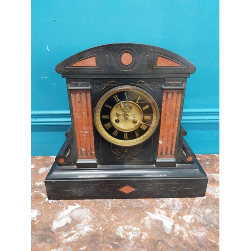 940 - 19th C. slate mantle clock. {38 cm H x 41 cm W x 15 cm D}.