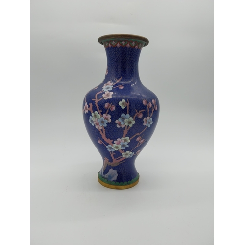 950 - Oriental cloisonne vase depicting flowers. {30 cm H x 17 cm Dia.}.