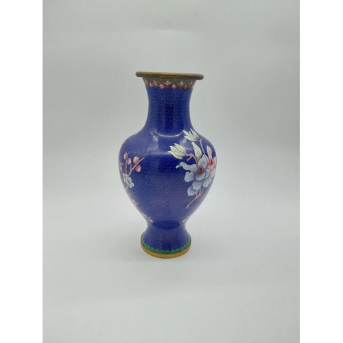 950 - Oriental cloisonne vase depicting flowers. {30 cm H x 17 cm Dia.}.