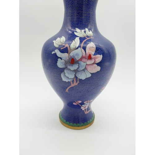 950 - Oriental cloisonne vase depicting flowers. {30 cm H x 17 cm Dia.}.