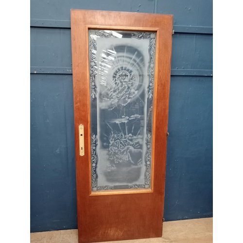 955 - Wooden door with etched glass design of woman and birds {H 203cm x W 81cm}. { not on site for viewin... 