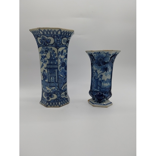 967 - Two 19th C. blue and white vases. {30 cm H x 16 cm D] and {23 cm H x 14 cm W x 10 cm D}.