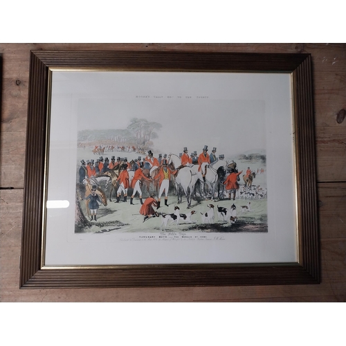 978 - Set of four coloured Hunting prints mounted in wooden frames {76 cm H x 92 cm W}.