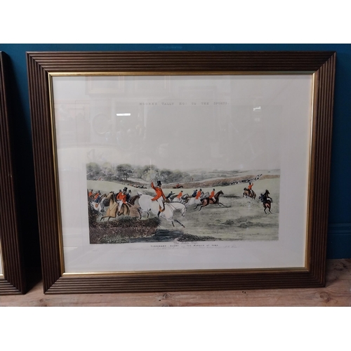 978 - Set of four coloured Hunting prints mounted in wooden frames {76 cm H x 92 cm W}.