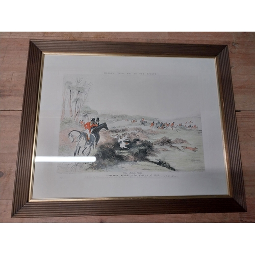 978 - Set of four coloured Hunting prints mounted in wooden frames {76 cm H x 92 cm W}.