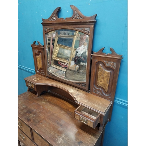 985 - Edwardian walnut dressing table with two short drawers above one long drawer raised on turned legs a... 