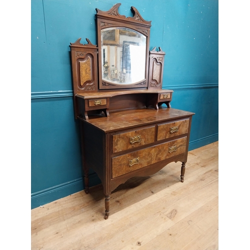 985 - Edwardian walnut dressing table with two short drawers above one long drawer raised on turned legs a... 